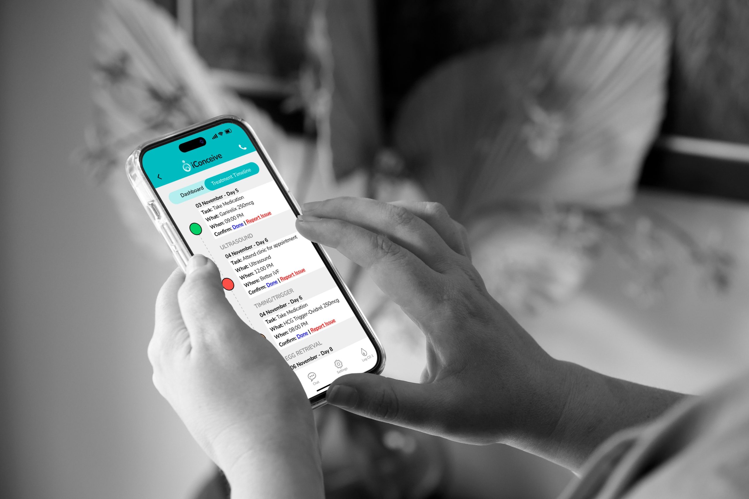 Patient using the iConceive fertility tracking app on a phone