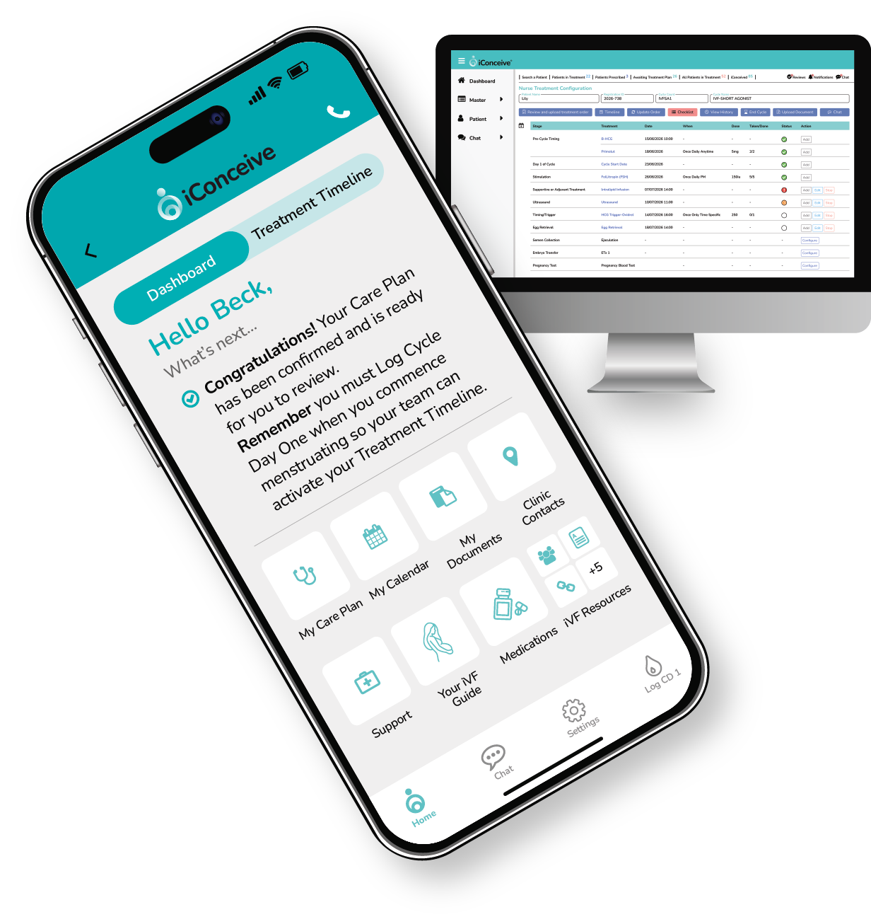 iConceive Clinic Hub dashboard and patient app screens